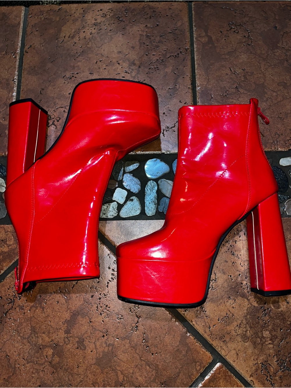 SHEIN Red Patent Platform Block Heel Ankle Boots